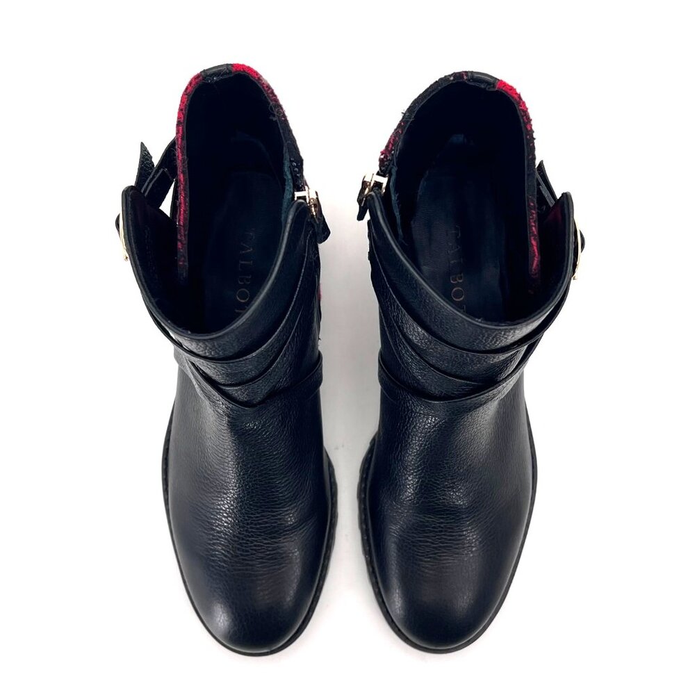 Talbots Black Leather Ankle Boots Womens Size 5M Red Plaid Accent Zip & Buckle - Picture 4 of 14